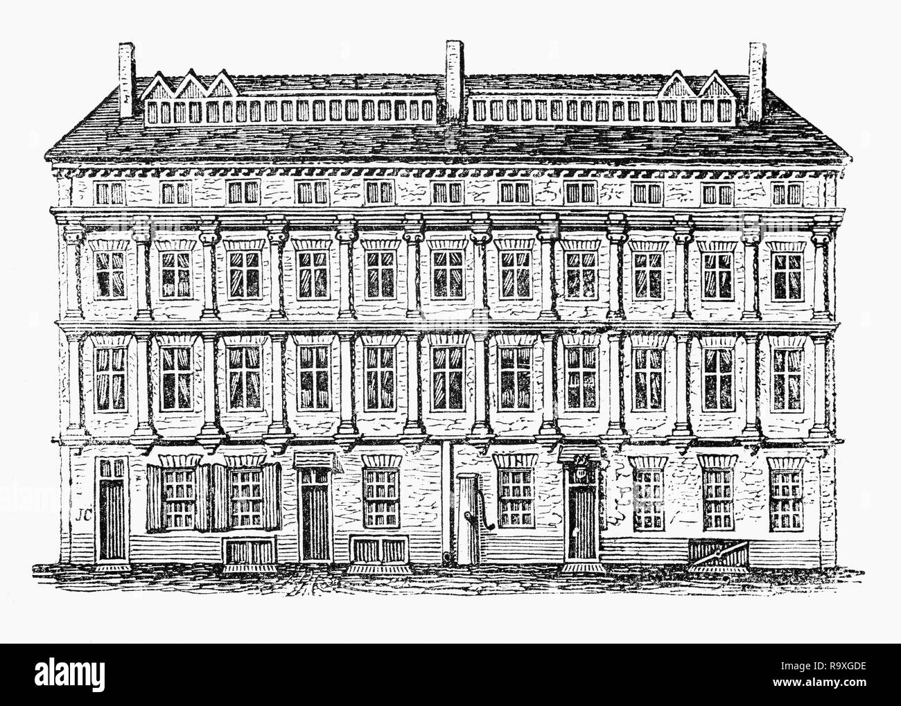 Craven Haus wurde an der Ecke der Drury Lane und East Grinstead Straße. Ursprünglich genannt Drury House, im späten 17. Jahrhundert durch die reichen Grafen von Craven, die umgebaut und umbenannt es erworben wurde. Seine Herrin der Königin von Böhmen (Tochter von James I und direkter Vorfahre der hannoverschen Dynastie) auch in der Residenz war hier. Vom 18. Jahrhundert Drury Lane war nicht mehr eine modische Lage und wurde von der Trunkenheit, Ausschweifung bekannt. Stockfoto