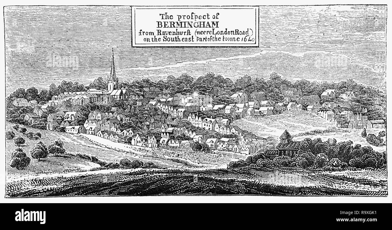 1538, Birmingham war als eine Stadt mit nur einer Straße und einen Ruf für messerschmiede beschrieben. Ein Jahrhundert später war es kaum verändert, wie aus der Zeichnung im Jahre 1640 gesehen werden kann. Aber während des Englischen Bürgerkriegs, die Handwerker der Stadt ein Markt für Schwerter, und von diesem Zeitpunkt an Birmingham schnell erweitert. Stockfoto