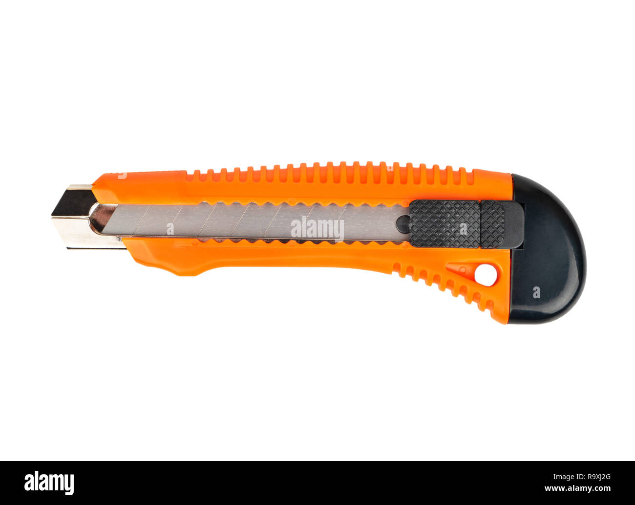 Orange geschlossen Cuttermesser auf weißem Hintergrund, Ansicht von oben Stockfoto