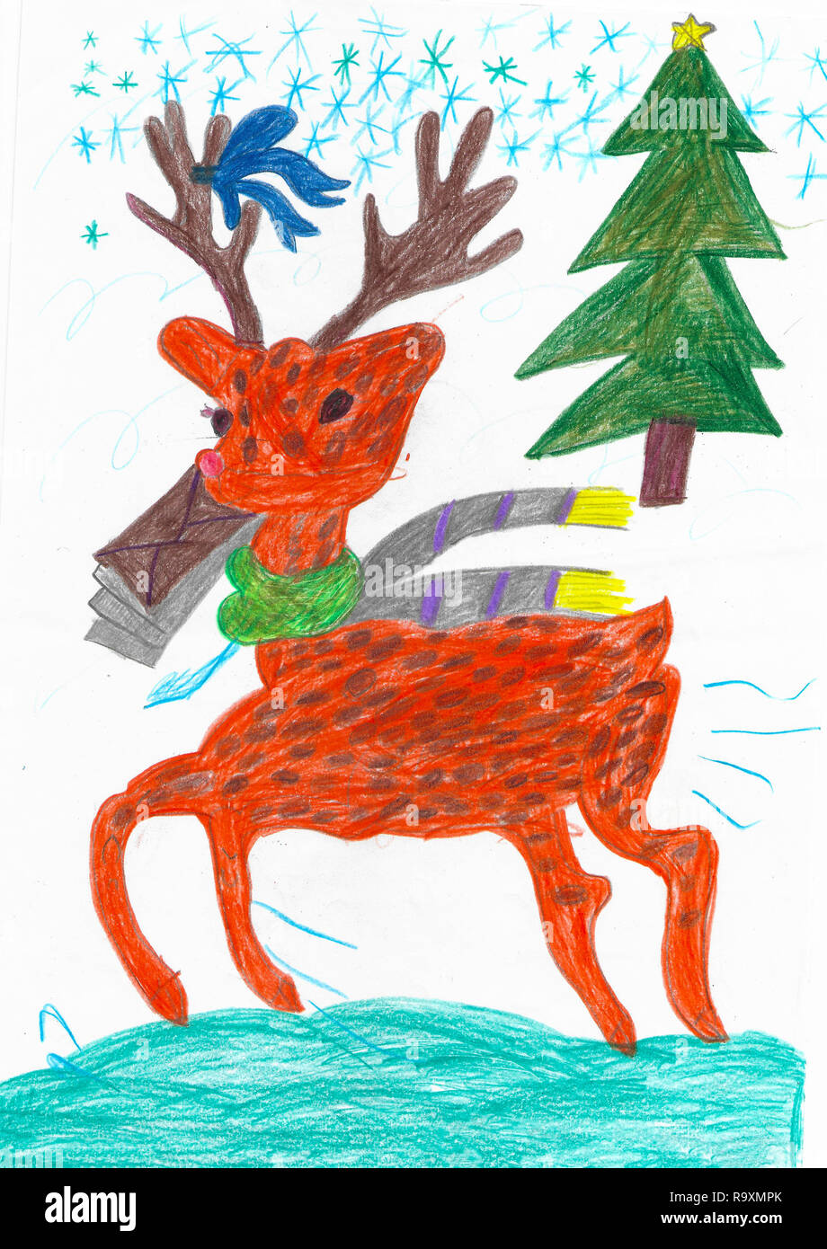 Orange Hirsche mit Buchstaben für Santa, neues Jahr, Kind Zeichnung Stockfoto