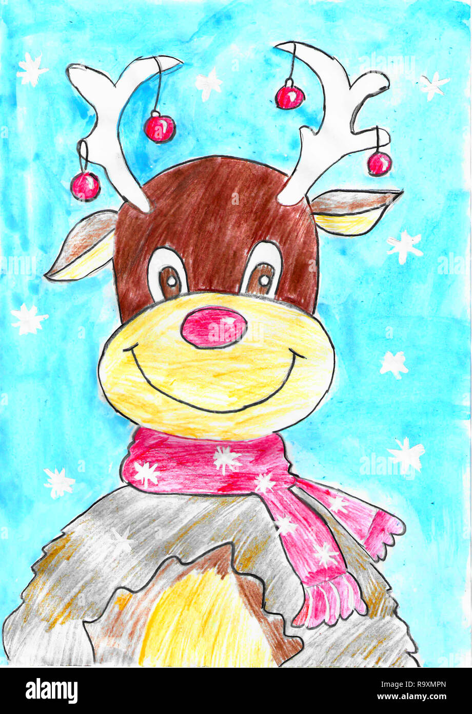 Portrait von lächelnden Brauner Hirsch mit Schal, neues Jahr, Kind Zeichnung Stockfoto