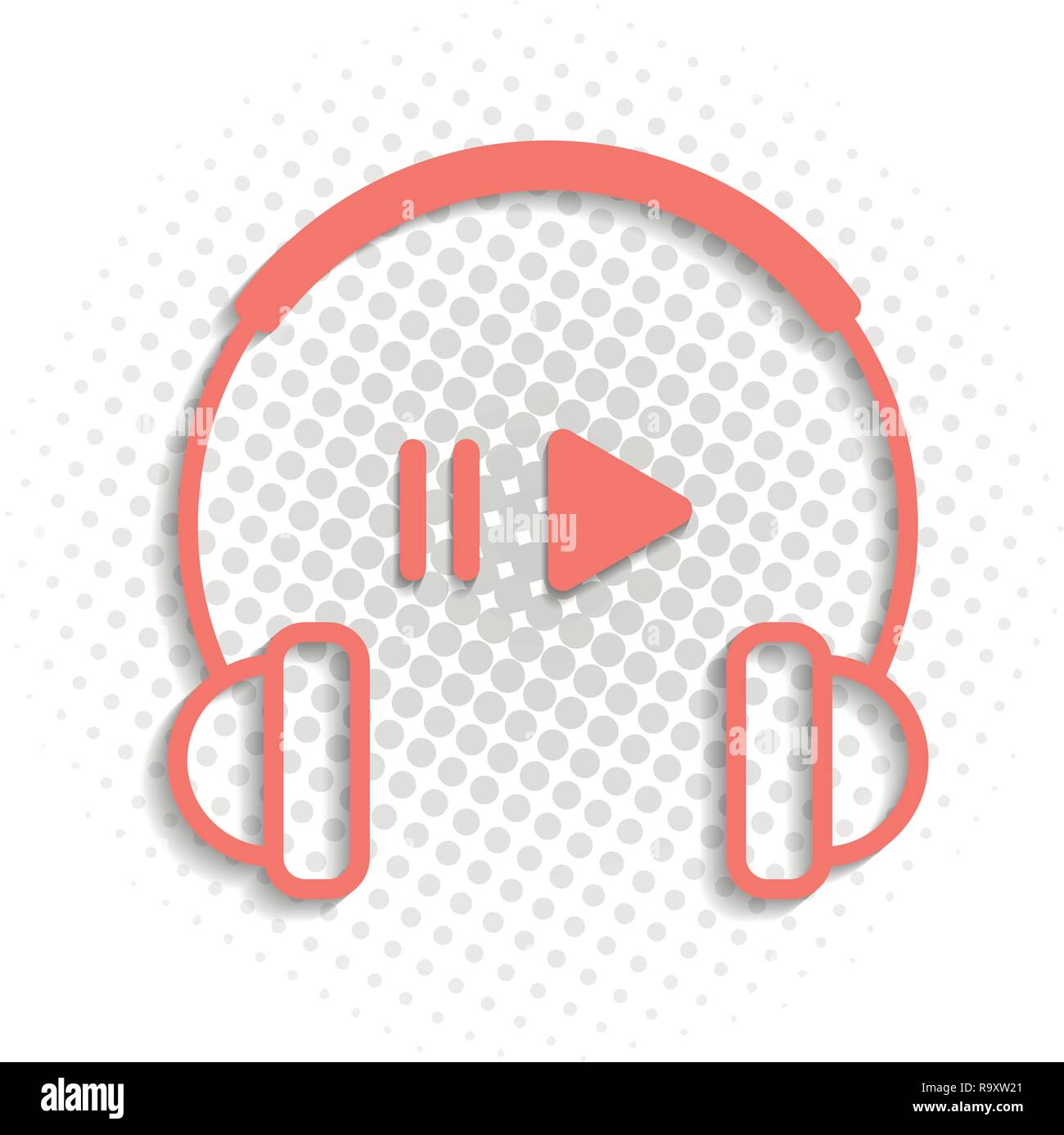 Grafik vektor Musik Abbildung mit Kopfhörern und Play-, Pause- Schaltflächen in Coral Farbe. Stock Vektor