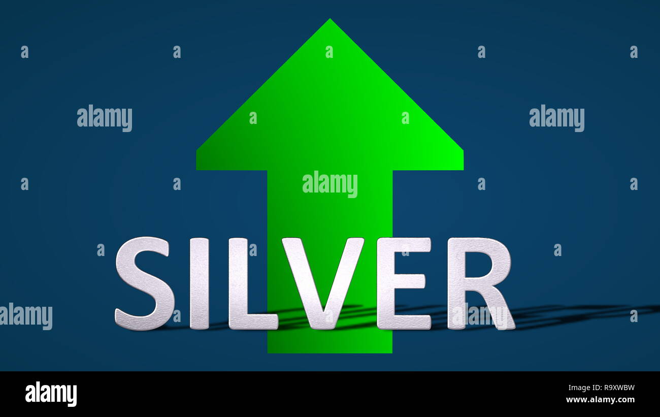 Der Preis der Ware ist Silber. Ein grüner Pfeil hinter dem Wort Silber zeigt oben auf einem blauen Hintergrund und symbolisiert den Preis... Stockfoto