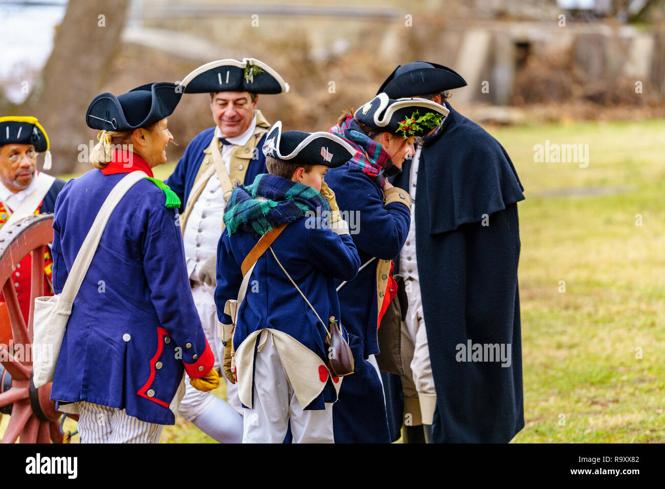 Washington Crossing, PA, USA - Dezember 25, 2018: Reenactors auf Weihnachten im Washington Crossing State Park sammeln General George W zu gedenken. Stockfoto