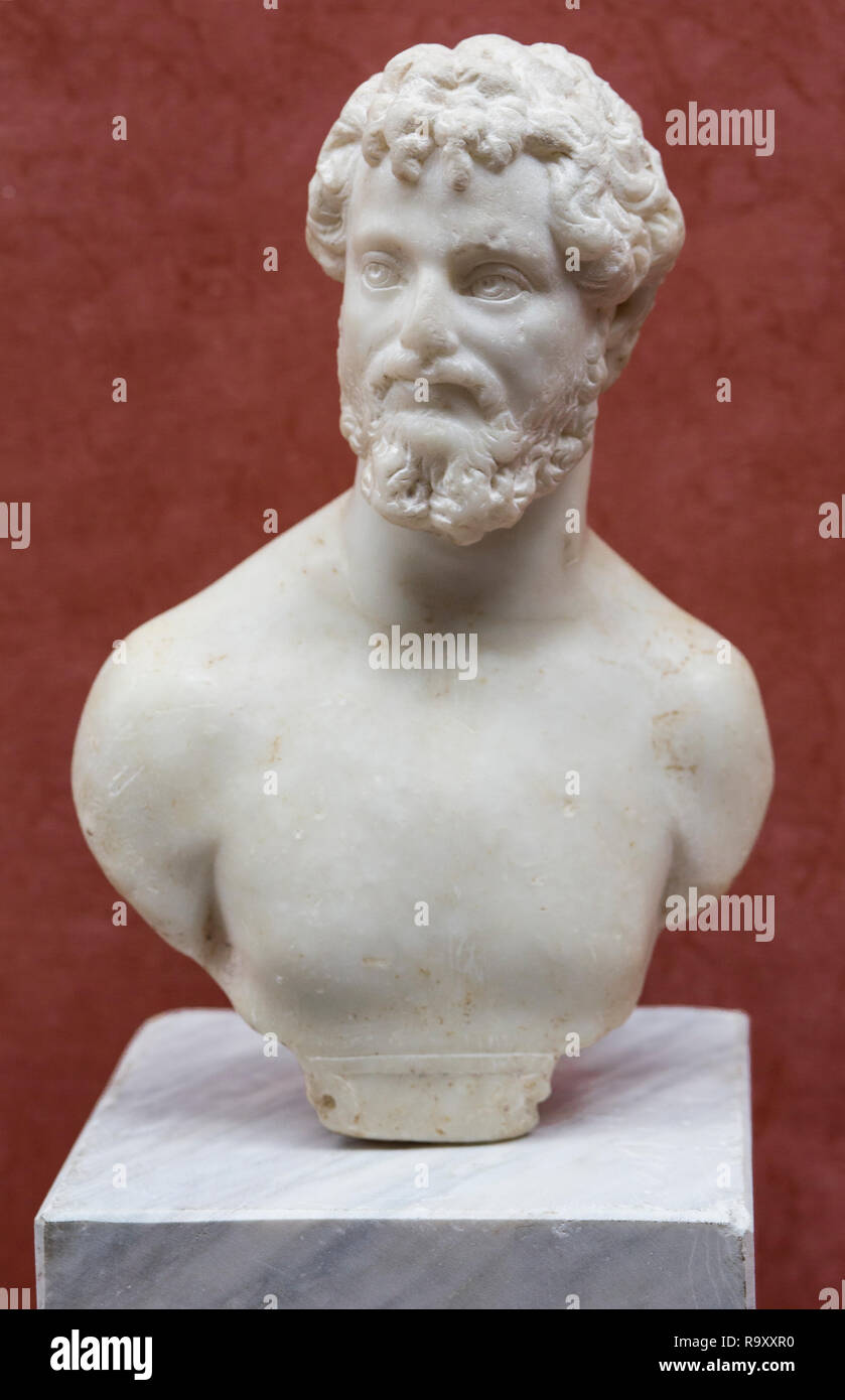 In Merida, Spanien - Dezember 20th, 2017: Der kleine Büste von Septimius Severus antiken Römischen Kaiser am Nationalmuseum für Römische Kunst in Merida, Spanien Stockfoto