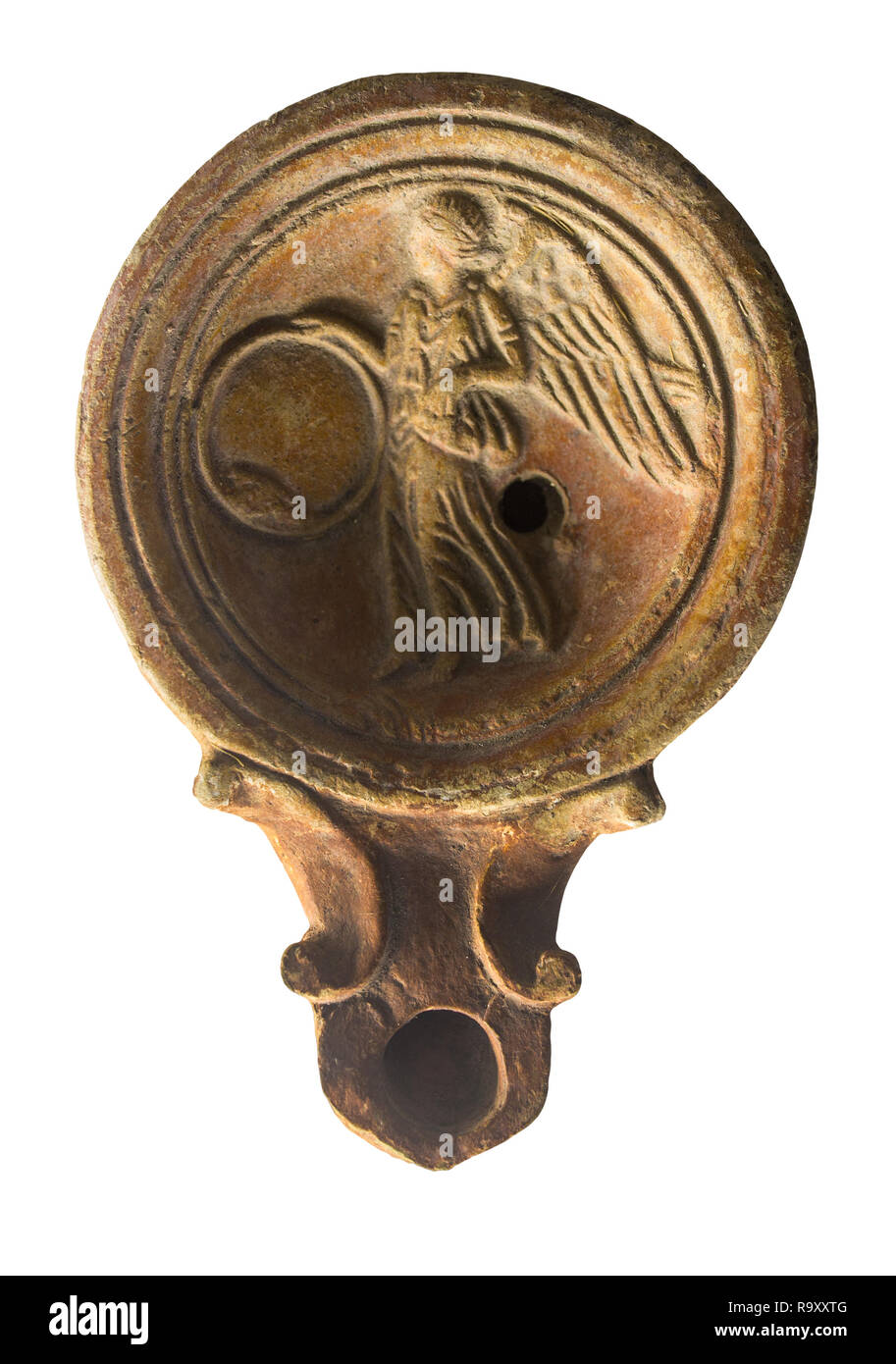 Cordoba, Spanien - Dezember 7th, 2018: Römische Ton öl Lampe mit mythologischen Motiven dekoriert, Archäologischen Museum Cordoba, Spanien Stockfoto