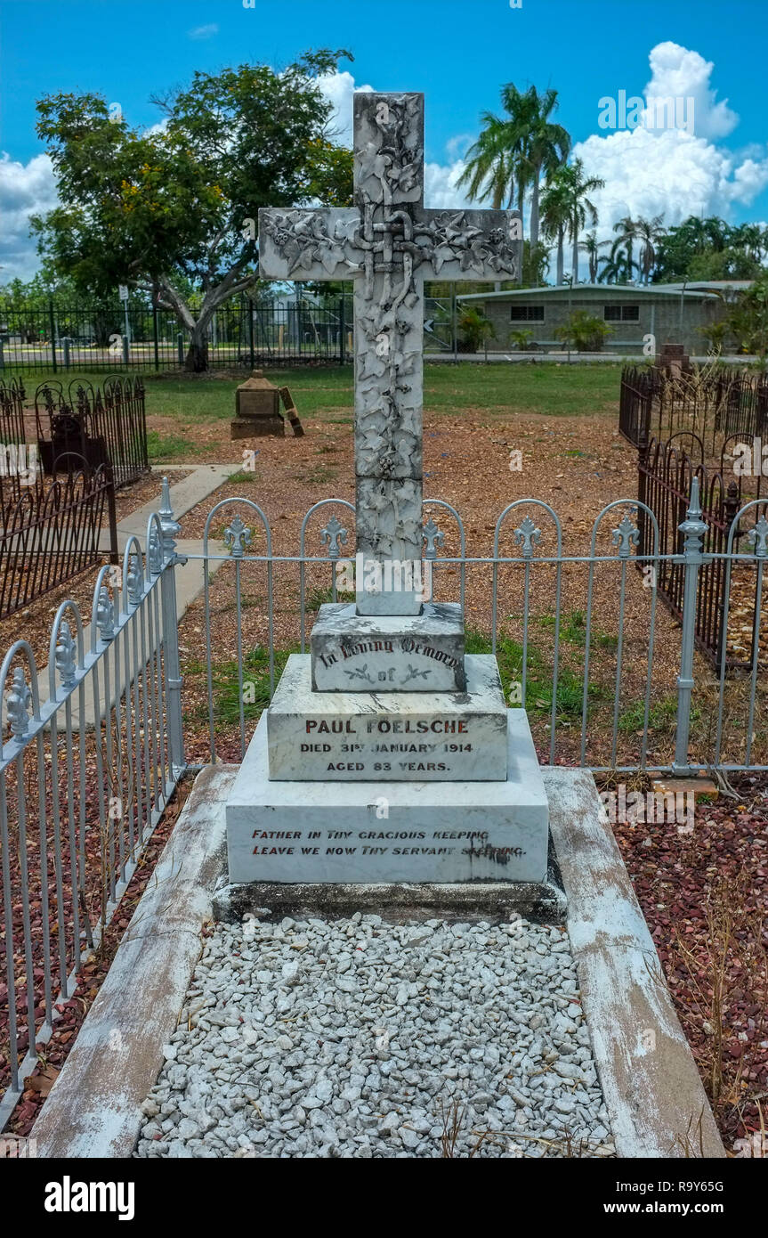 Grab von Paul Foelsche am Pioneer Friedhof früher genannt Palmerston Friedhof in Darwin, Northern Territory, Australien. Stockfoto