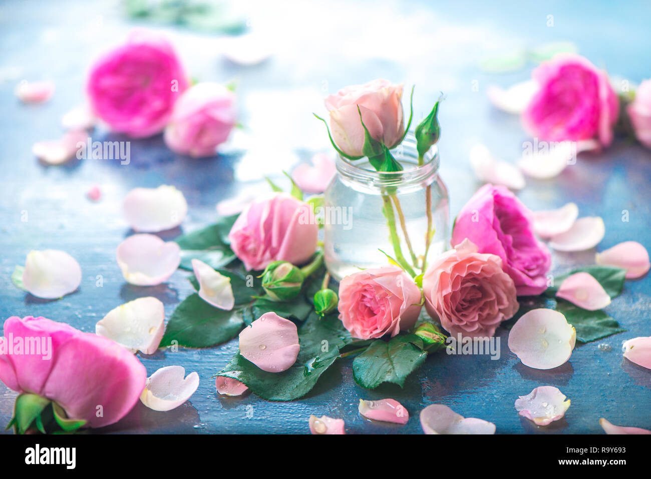 Glasflaschen mit rosa Pfingstrosen Rosen auf einen hellen Hintergrund mit kopieren. Femininer Kopf mit Blüten und Blumen in Pastelltönen Stockfoto