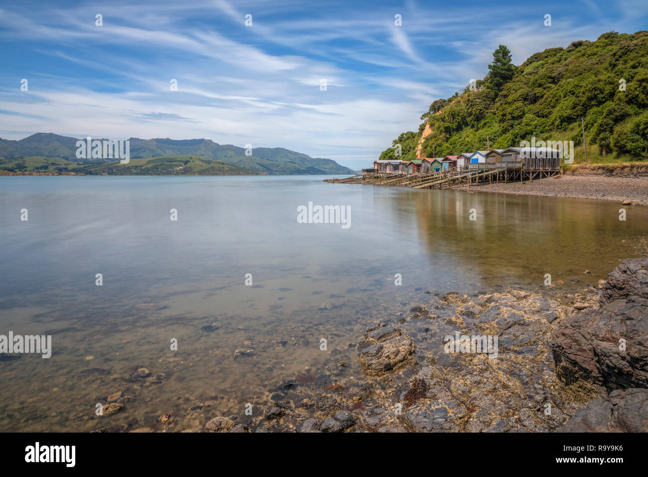 Akaroa Halbinsel, Bank, Christchurch, Südinsel, Neuseeland Stockfoto