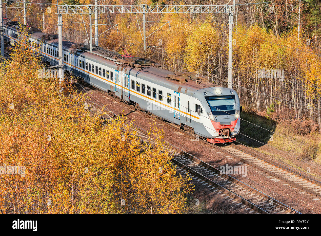 Moderne Hochgeschwindigkeitszug Ansätze für die Station am Herbst morgen Zeit. Stockfoto
