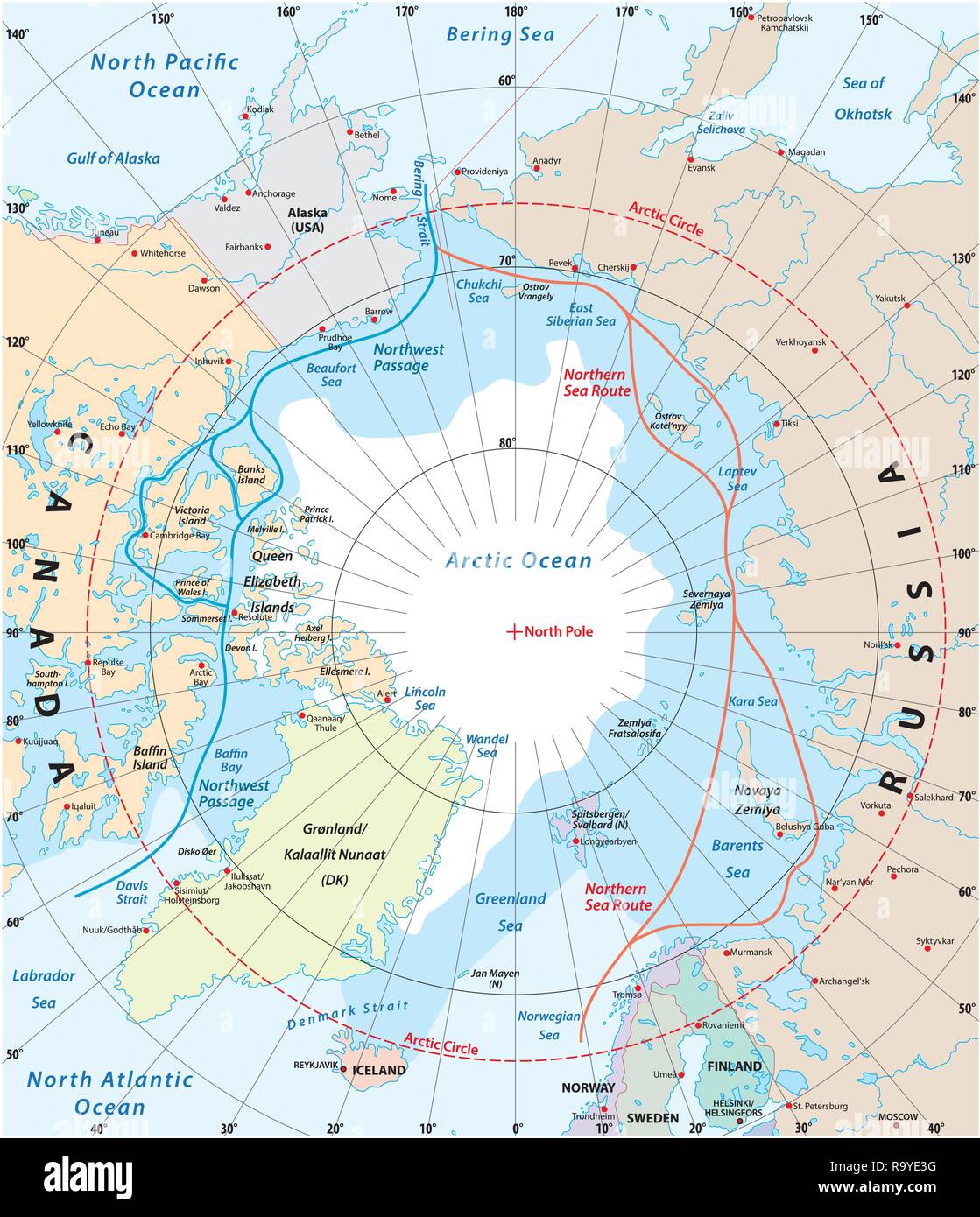 Karte von der Arktis, der Nord-West-Passage und den nördlichen Seeweg Stock Vektor