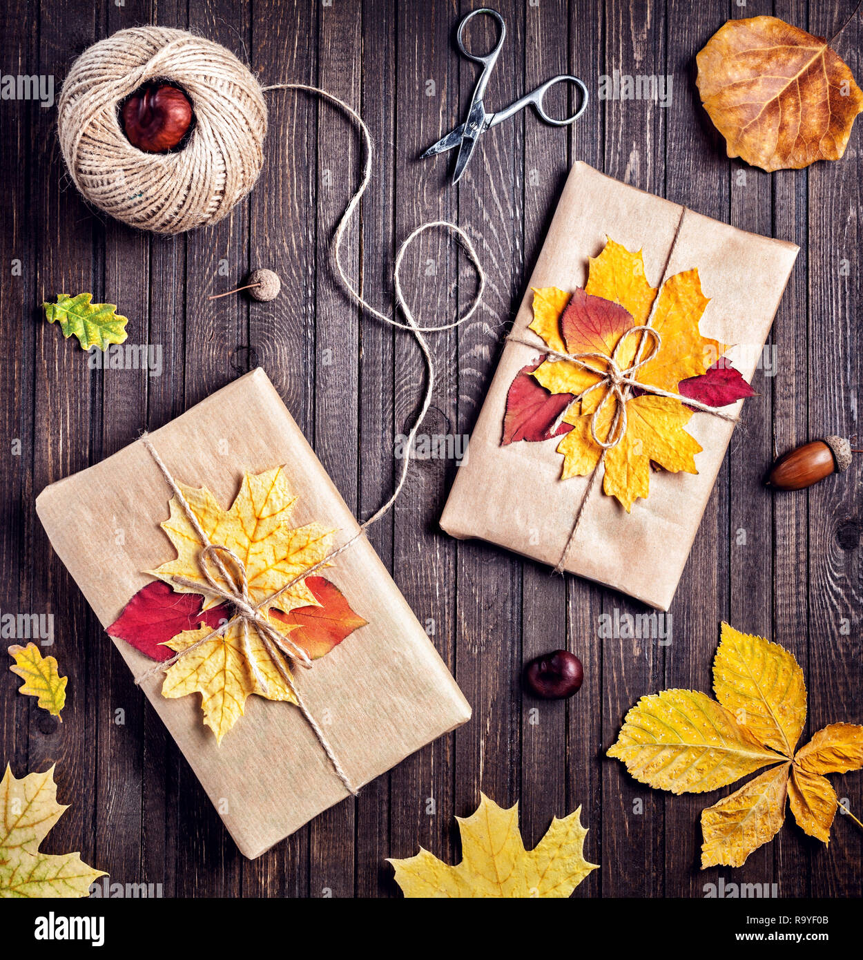 Zwei Geschenke mit Blätter im Herbst Dekoration auf Holz- Hintergrund in den Herbstferien Stockfoto