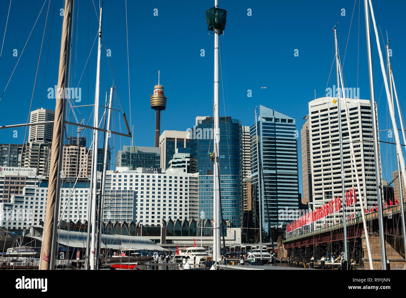 07.05.2018, Sydney, New South Wales, Australien - Ein Blick vom Darling Harbour in die Skyline des geschaeftsviertels von Sydney mit dem Sydney Tower Stockfoto