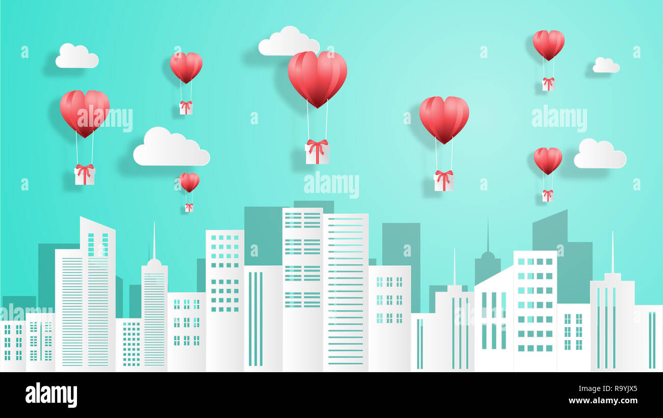 Kreative Valentines Tag Hintergrund Vektor-illustration Papier schneiden Stil. Herzform Heißluftballon über die Stadt fliegen. Tapete, Verkauf anbieten, Web Stockfoto