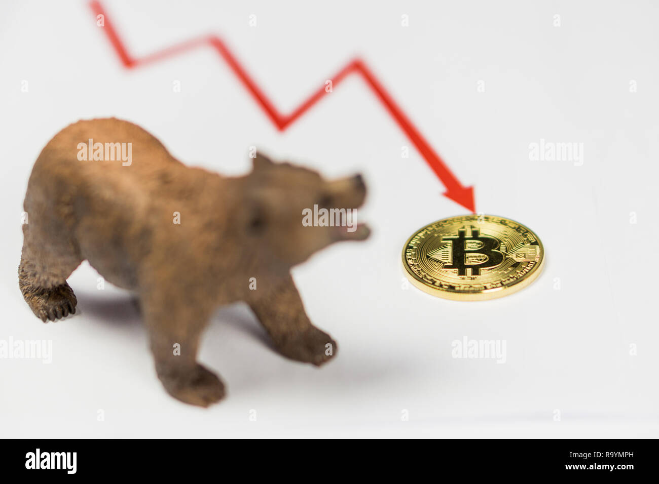 Bär mit Gold Bitcoin Cryptocurrency und rote Kurve. Baisse an der Wall Street das Finanzkonzept. Stockfoto