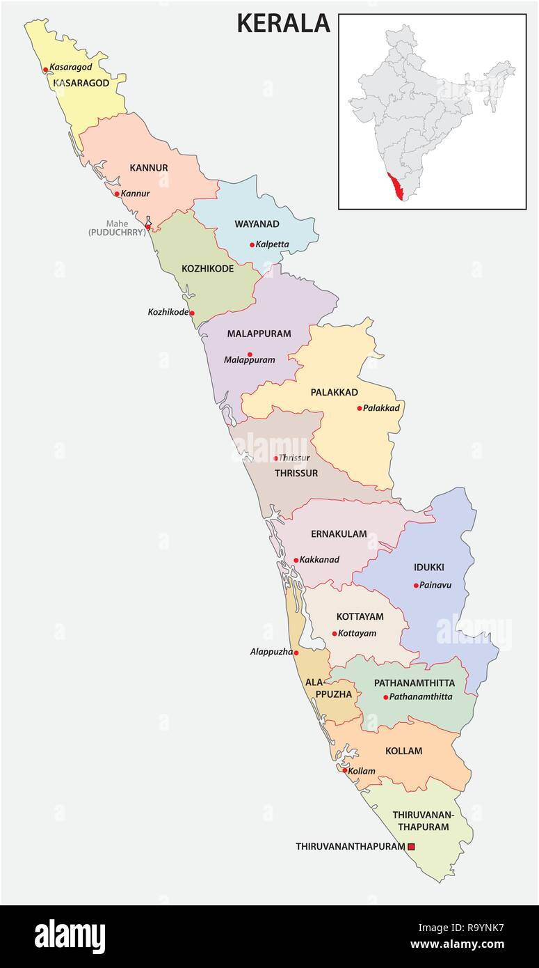Administrative und politische Karte von indischen Bundesstaat Kerala, Indien Stock Vektor