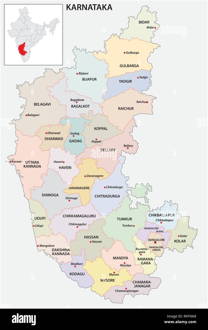 Administrative und politische Karte von indischen Bundesstaat Karnataka, Indien Stock Vektor