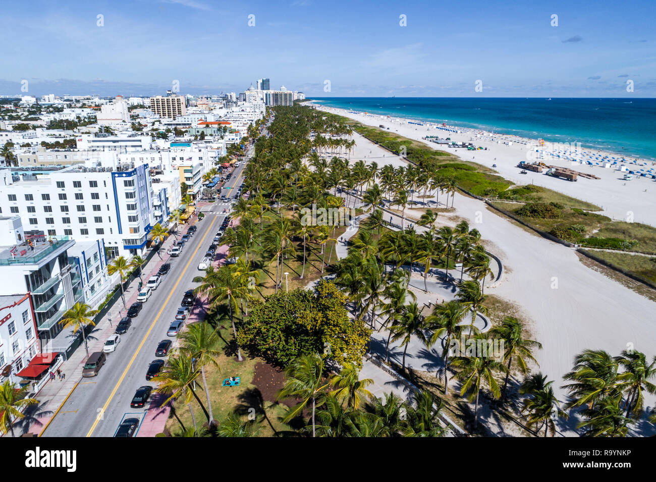 Miami Beach Florida, Luftaufnahme von oben über der Vogelperspektive, Hotelhotels, Ocean Drive, Lummus Park, Wasser im Atlantischen Ozean, Besucher reisen unterwegs Stockfoto