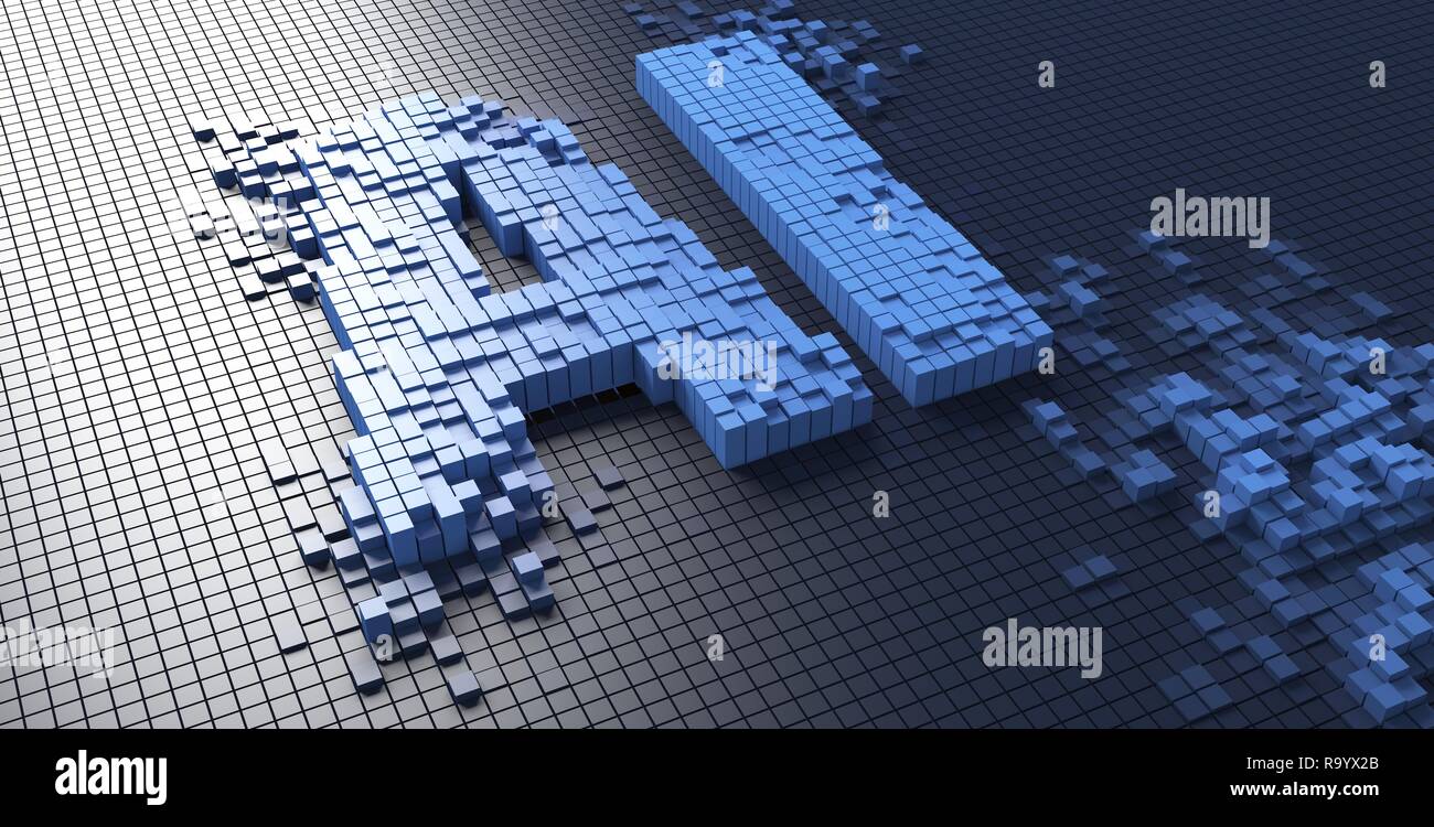 3d-Rendering von kleinen blauen Boxen bilden die AI-Buchstaben Künstliche Intelligenz Stockfoto