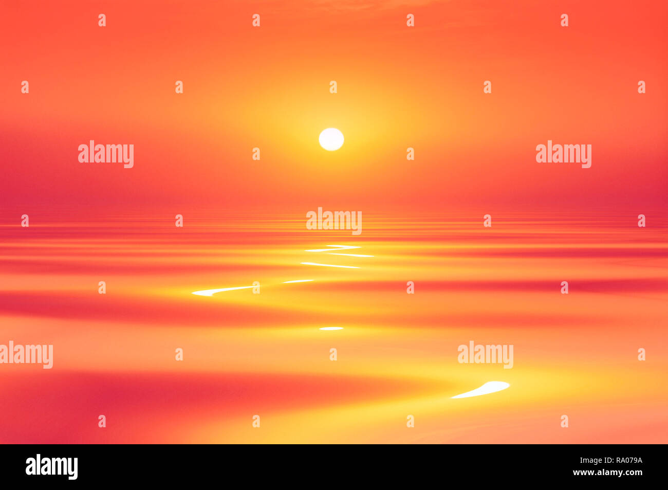Ruhiges Wasser trifft auf einen leuchtenden orange-roten Himmel, der ruhige Muster und leuchtende Farbübergänge an der Oberfläche erzeugt Stockfoto