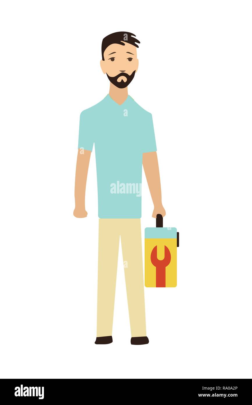 Handwerker mit einer Toolbox. Mitarbeiter Customer Service Stock Vektor