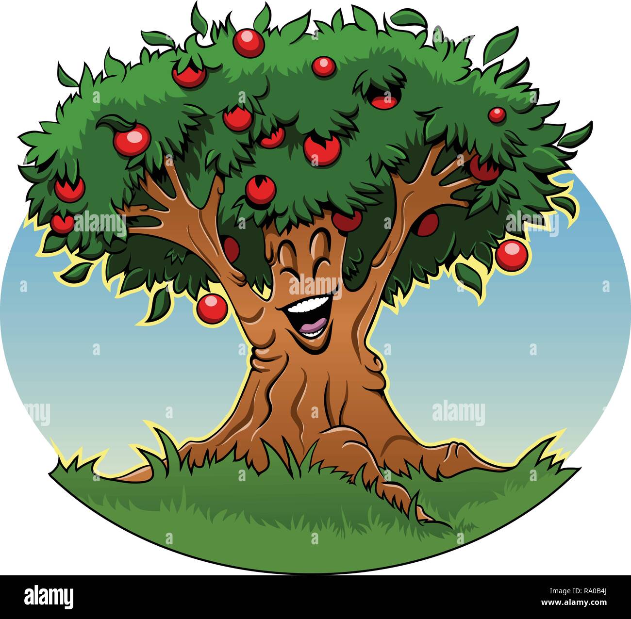 Cartoon Illustration: Lächelnde Apfelbaum Äste Verbreitung Stock Vektor