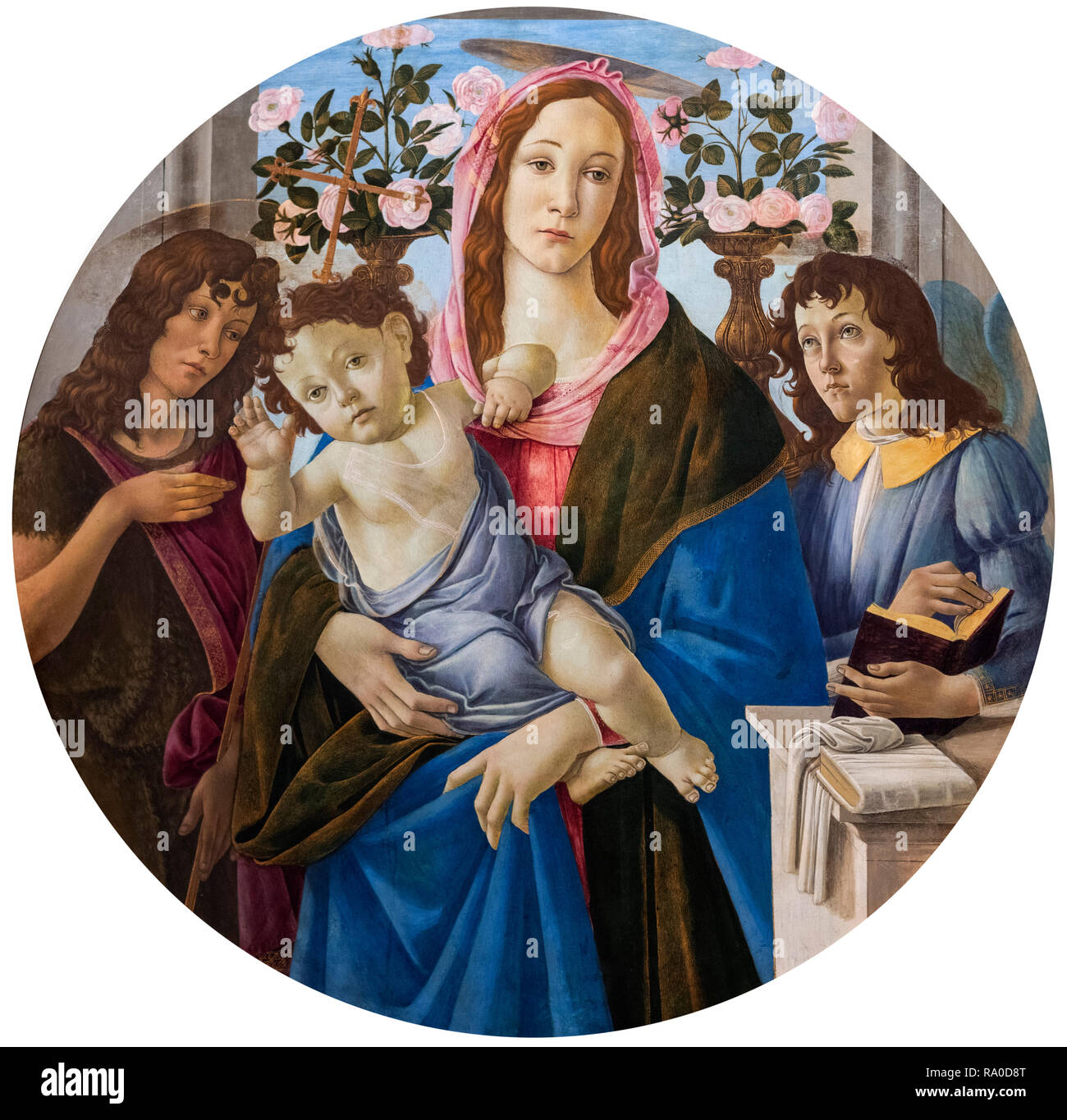 Jungfrau und Kind mit dem Hl. Johannes dem Täufer und der Engel von Sandro Botticelli (Alessandro di Mariano di Vanni Filipepi, c 1445-1510), Tempera auf Holz, c. 1470-1510 Stockfoto