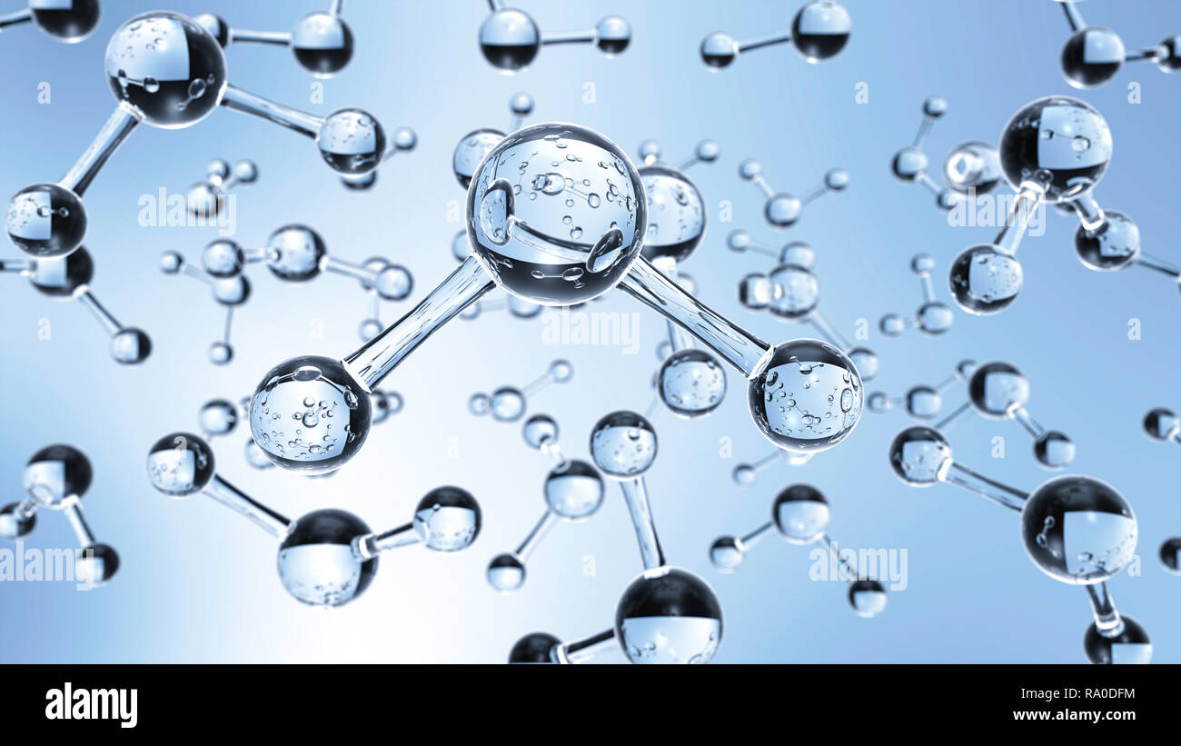 Transparentes Wasser H2O-Moleküle schwimmend im Wasser. Abstrakte Wissenschaft und Chemie Konzept Abbildung. Ein Molekül im Fokus ist und andere sind nicht Stockfoto