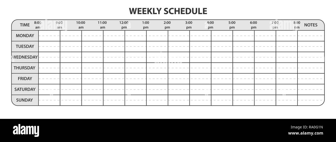 Wochenprogramm mit Arbeitszeit und extra Platz für Notizen Stock Vektor