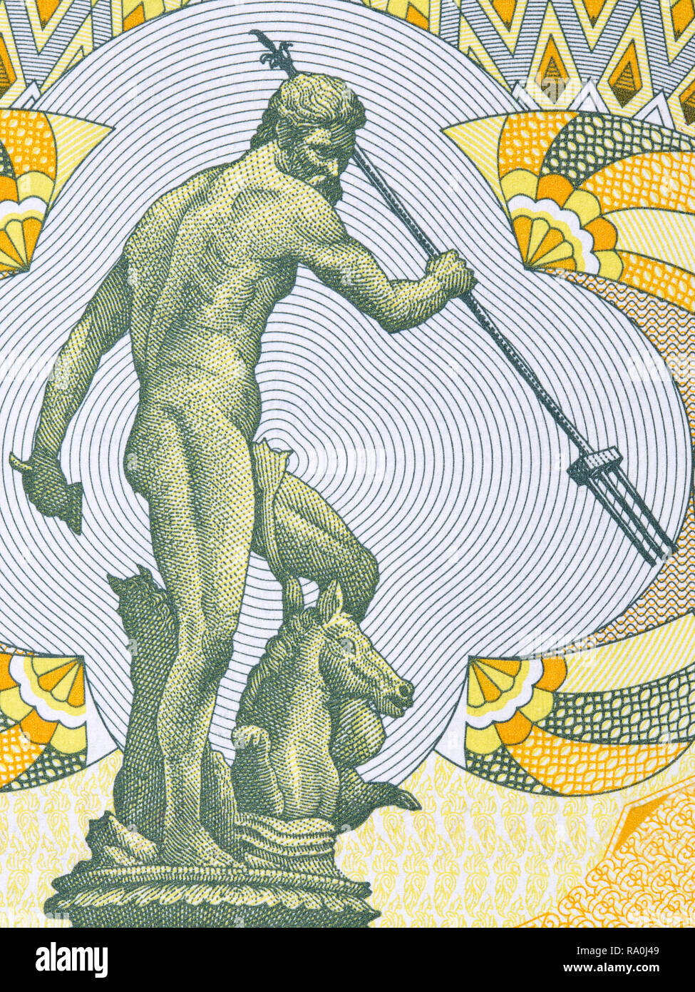 Bild von Neptun aus dem Brunnen in Danzig aus dem Polnischen Geld Stockfoto