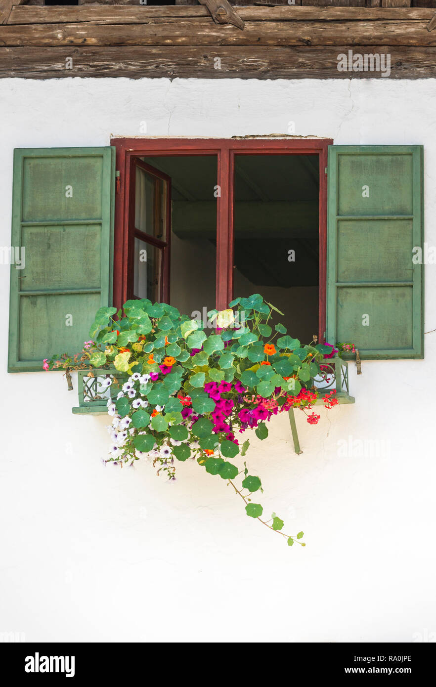 Blumen geschmückten Fenster im traditionellen alpinen Gebäude Stockfoto