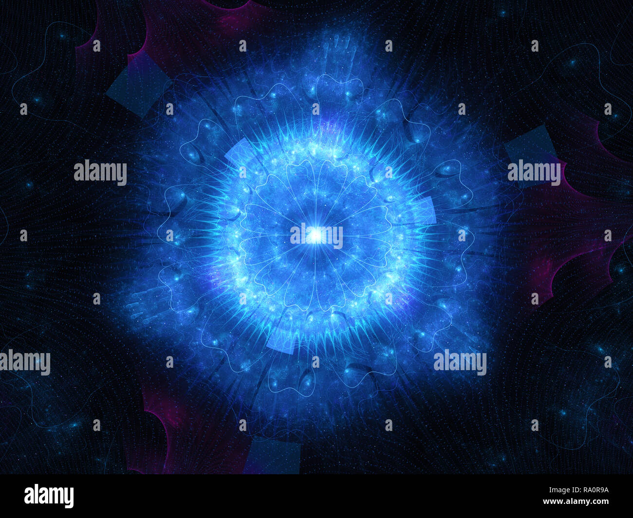 Futuristisch blau leuchtenden Mandala im Raum, Computer-generierte Zusammenfassung Hintergrund, 3D-Rendering Stockfoto