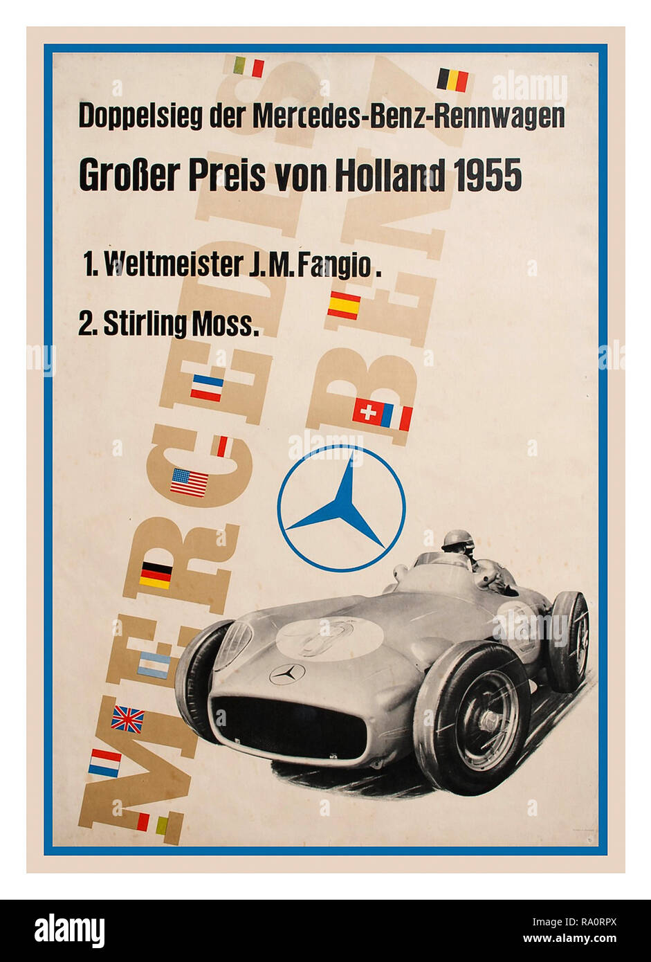 Grand Prix 1955 Vintage Poster Holland Grand Prix Motorsport Wettbewerb Mercedes Benz Sieg mit Juan Fangio erster Platz Stirling Moss zweiter Platz 1955 „großartiges Ergebnis in Holland“ „Doppelsieg mit Mercedes Racing Car“ Stockfoto