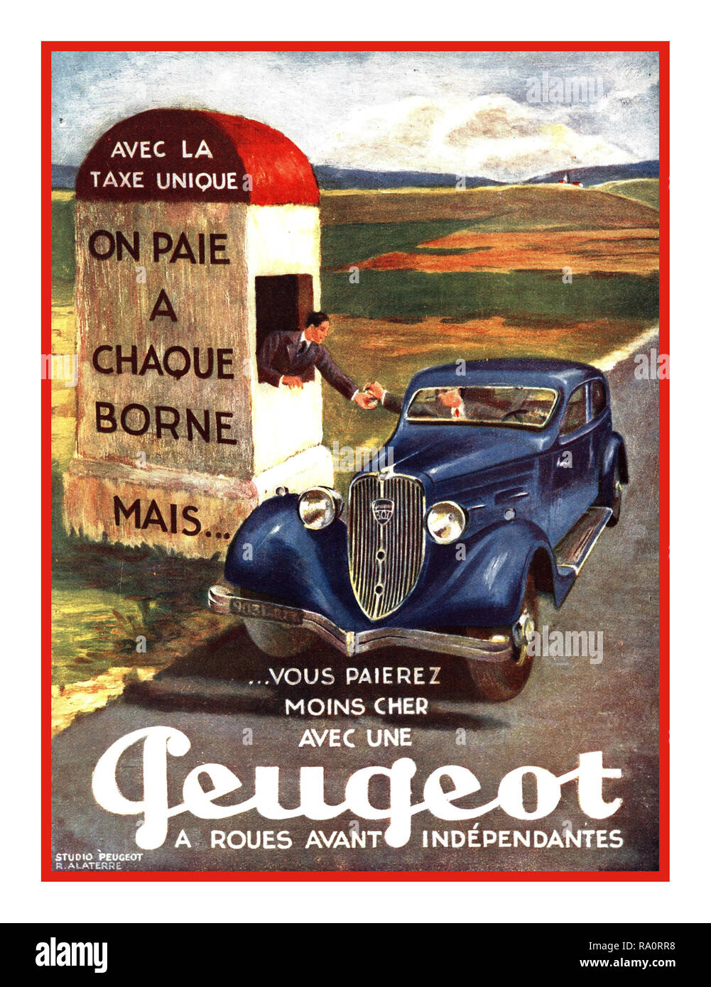 Jahrgang 1934 Peugeot Französisch Motorcar Konzept Werbung Plakat mit Überschrift "Sie werden weniger mit einem Peugeot' mit dem Auto an eine gestaltete Mautstelle gestoppt Pay Stockfoto