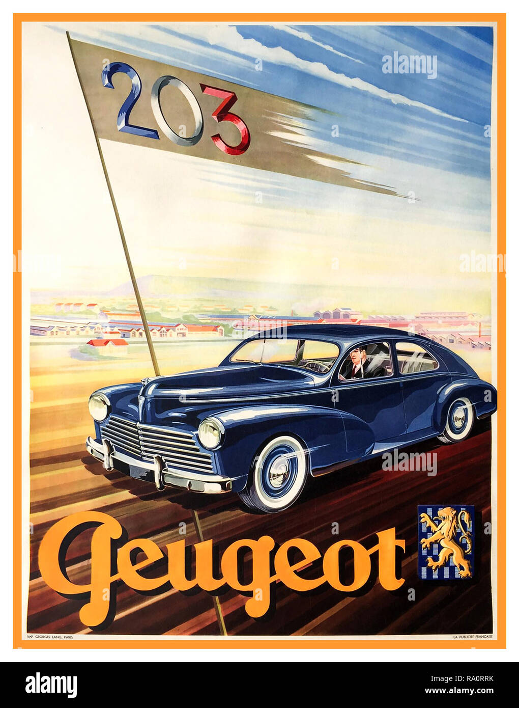 PEUGEOT 203 der Jahrgang 1950 französische Automobil Auto Poster. Peugeot 203 1955 Grafiker Georges Lang, Paris Frankreich Stockfoto