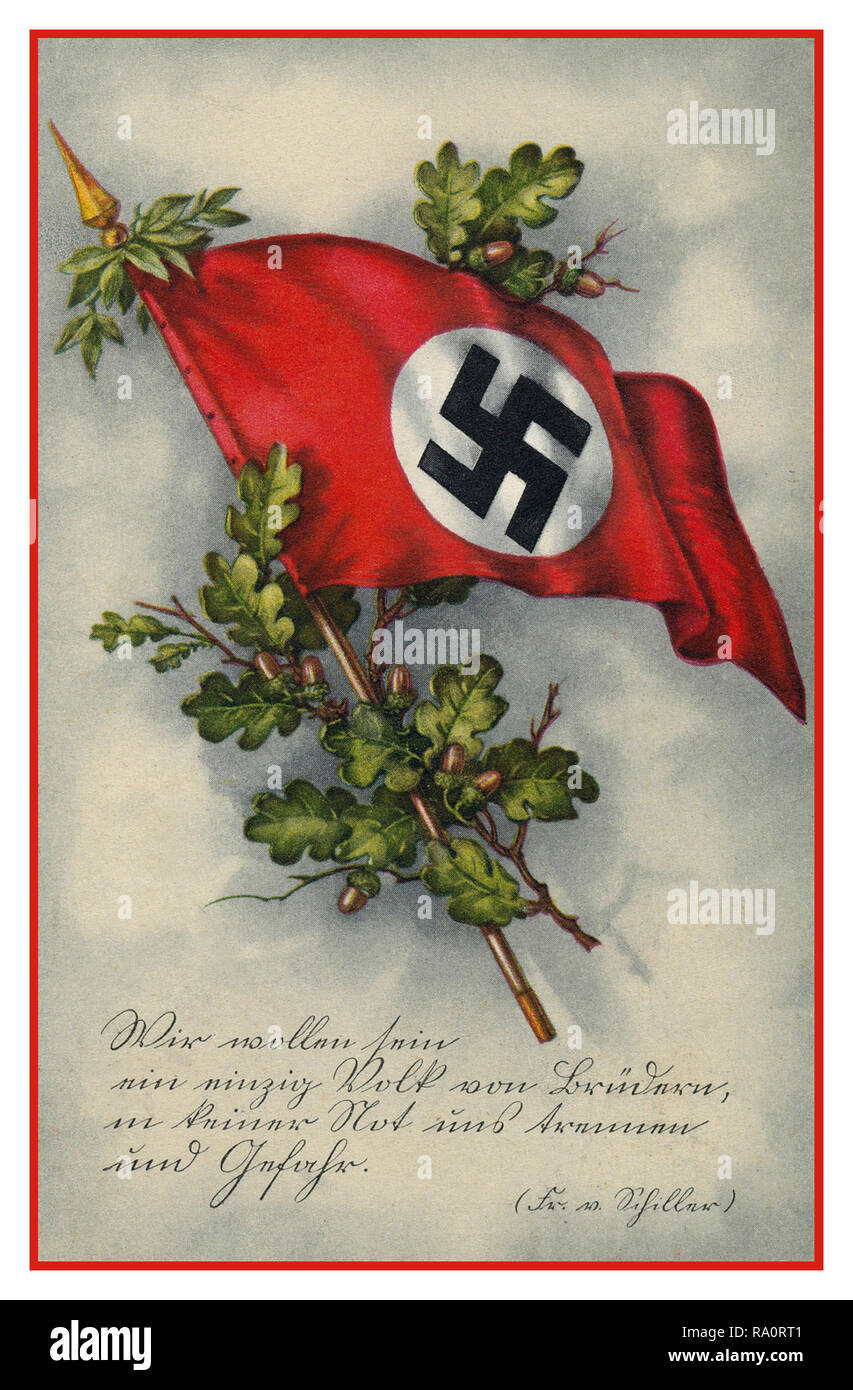 Anfang der 1930er Jahrgang der deutschen NS-Propaganda Geburtstag Glückwunschkarte. Postkarte von Hakenkreuzfahne mit Eicheln und eichenlaub als Motiv für junge wachsende Wachstumskraft stärker Stockfoto