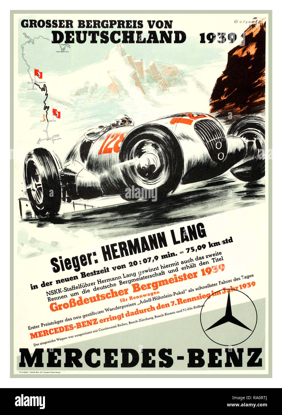 Jahrgang 1930 des Deutschen Motorsport Poster mit dem nationalsozialistischen Hakenkreuz Start-ziel-flags' großer Bergpreis von Deutschland 1939' - ein Mercedes Benz Oldtimer motorsport Poster Mercedes-Benz am Deutschen Berg rennen Förderung, 'Großer Bergpreis von Deutschland 1939', mit prominenten deutschen Rennfahrer Hermann Lang Eine Nummer 128 Mercedes "Silver Arrow" (Silberpfeil) Es war der Name von Enthusiasten gegeben und der Fachpresse zu Deutschlands oberste Gebot Mercedes-Benz Grand-Prix-Rennwagen in den 30er Jahren fahren Stockfoto