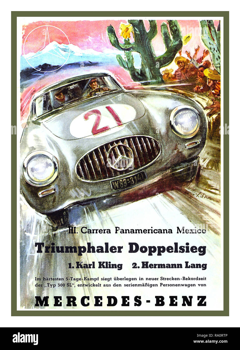 Vintage Motorsport Poster' TRIUMPHALER DOPPELSIEG" 1952 Carrera Panamericana Mexico mit Karl Kling auf den ersten Platz und Hermann Lang im zweiten Platz fahren Mercedes 300 SL-Sportwagen W124 ein doppelter Sieg für den sehr gut organisierten Mercedes Sports Team Stockfoto