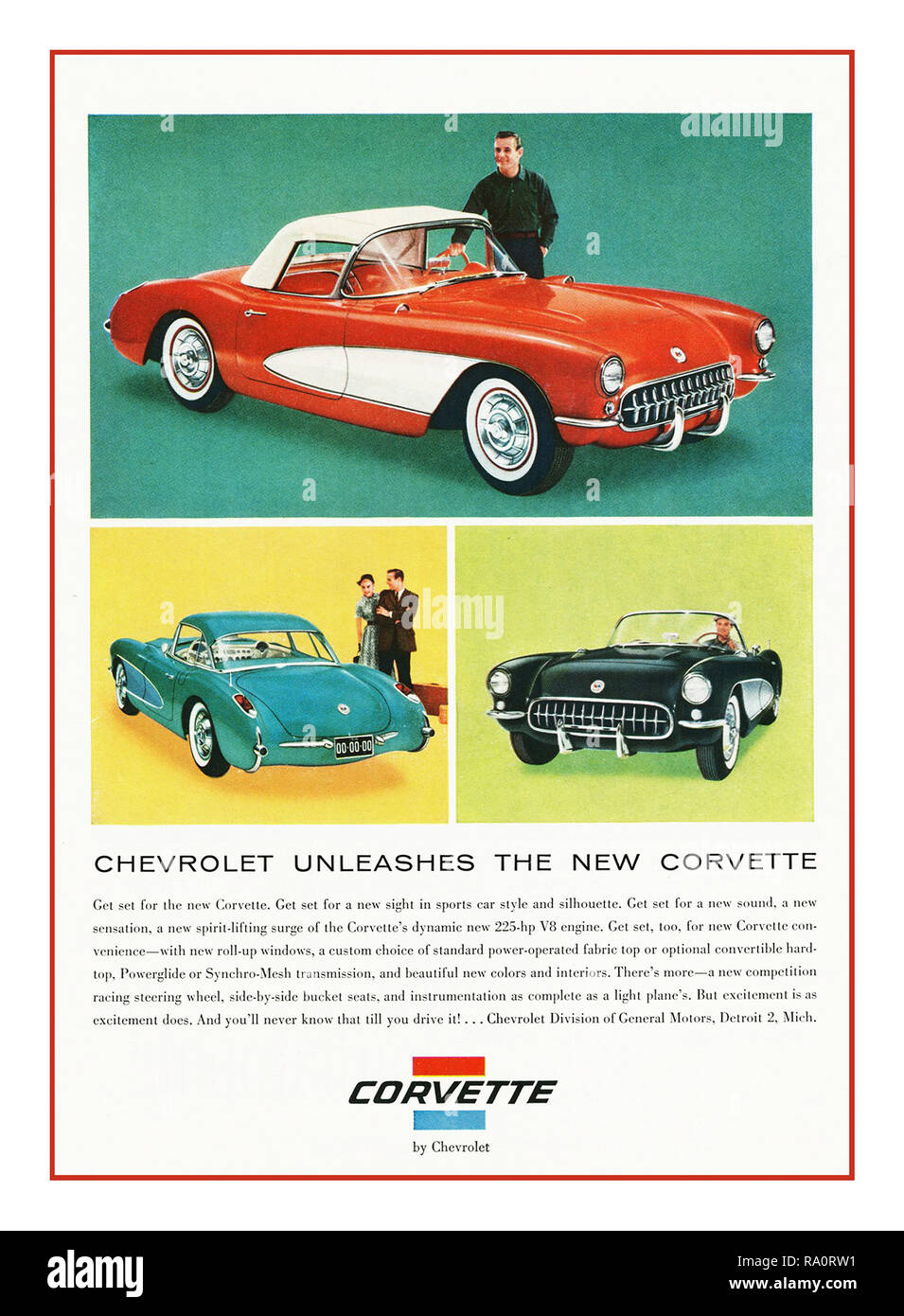 CORVETTE 60er Vintage American Automobile Werbung 1961 Chevrolet Corvette Werbung "Chevrolet entfesselt Die neue Korvette "Iconic Americana Automobil Sport Hart/Weich top Touring 2+2 Sitzer Amerika Muscle Car Stockfoto