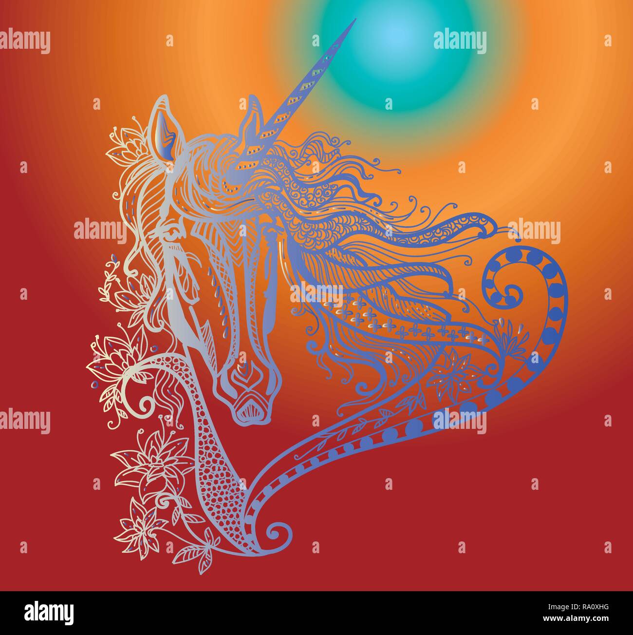 Vektor hand Zeichnung Abbildung zentangle Magic Horse in verschiedenen Farben auf Farbübergang Hintergrund isoliert. Bunte doodle Einhorn Abbildung mit Stock Vektor