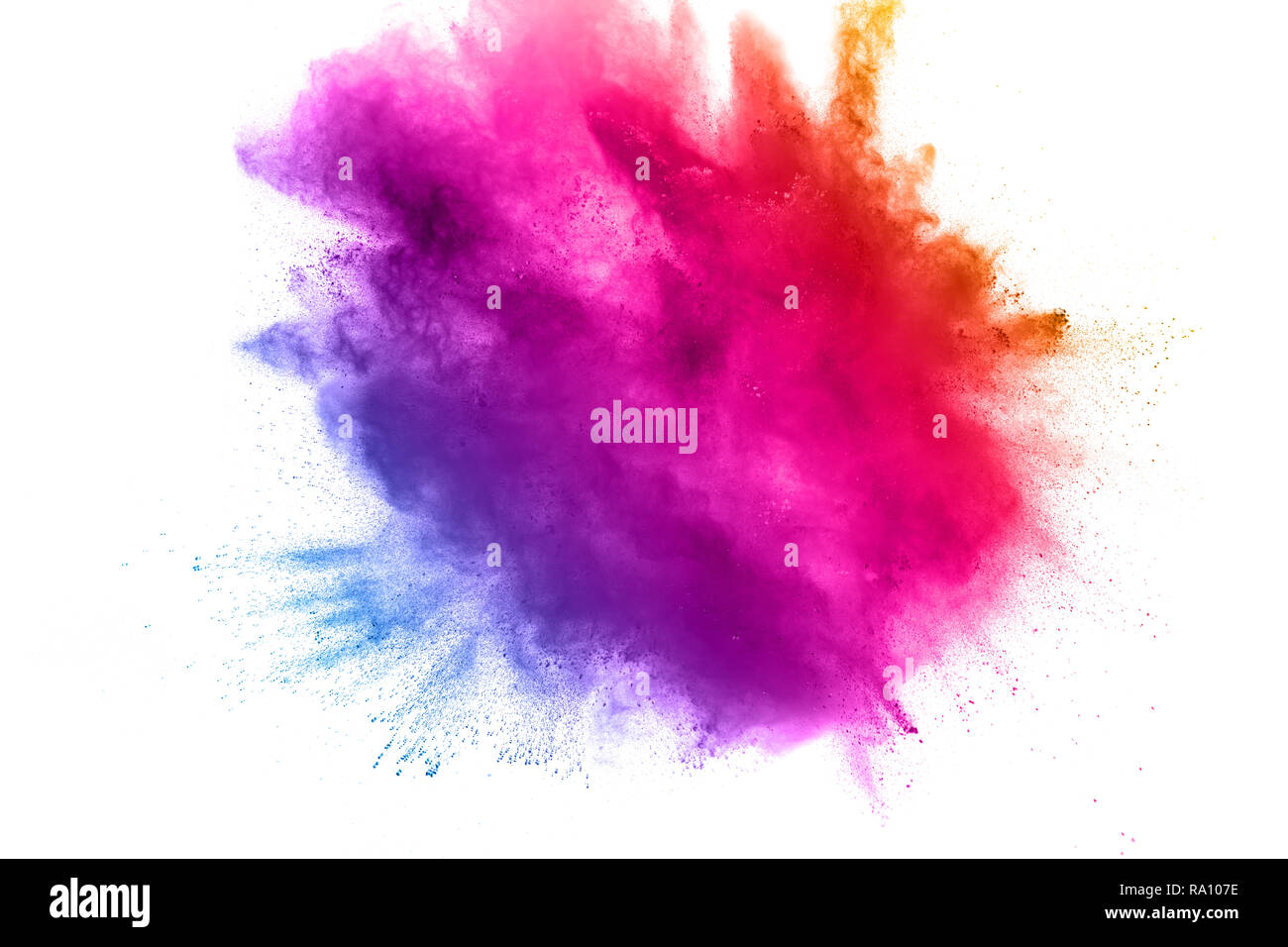 Abstrakte Multi Color Pulver Explosion auf weißem Hintergrund. Freeze Motion von Staubpartikeln Spritzwasser. Malte Holi im Festival. Stockfoto