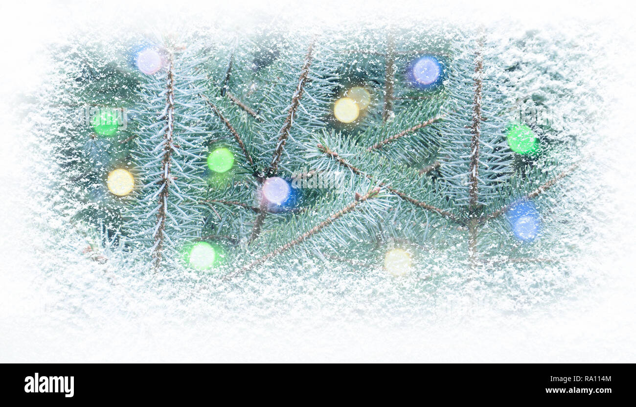 Christamas und neues Jahr Tanne mit bunten Lichter mit Schneefall horizontale banner Hintergrund eingerichtet. Stockfoto