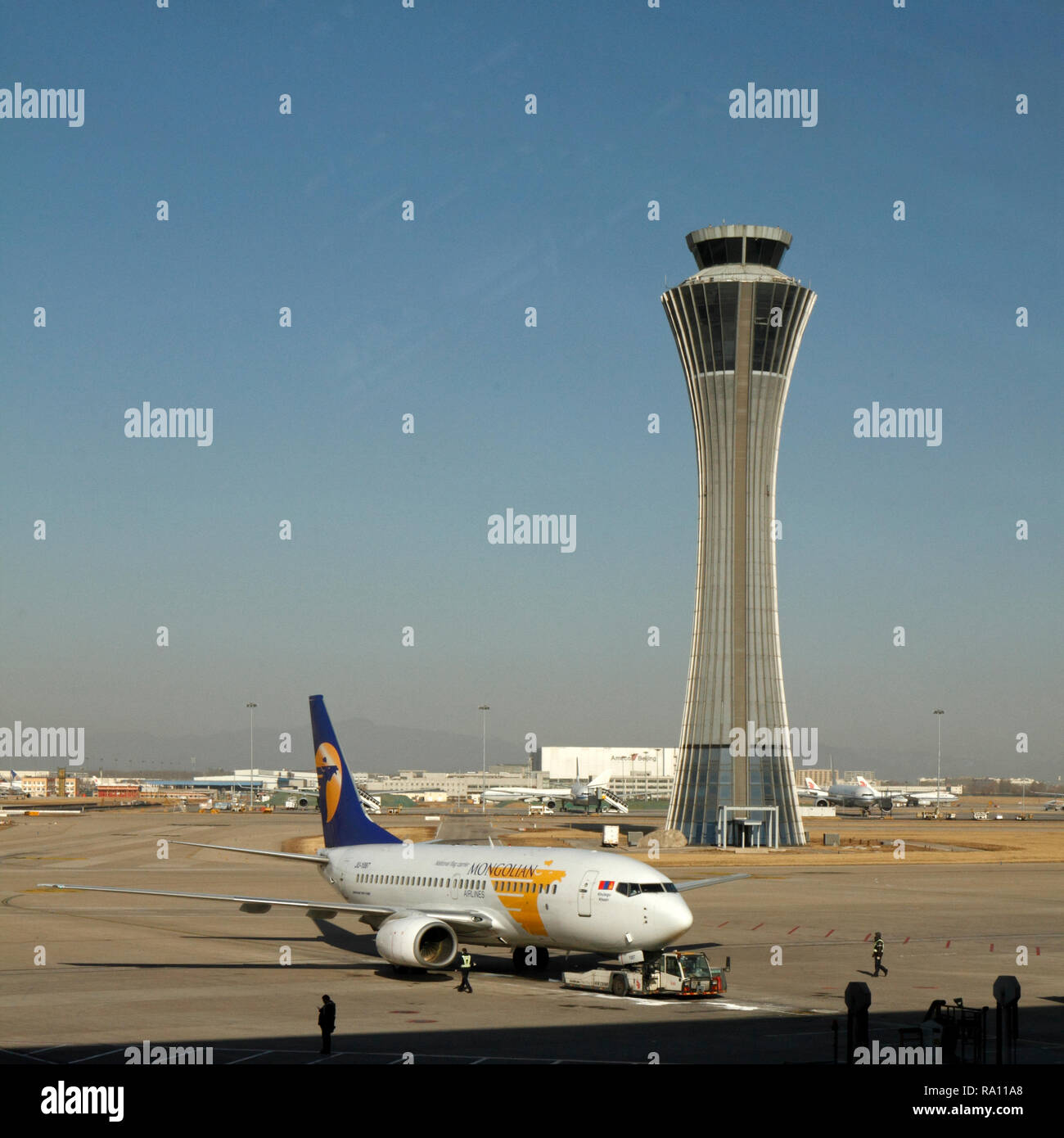 Beoing737-700 Mongolian Airlines. Nationale Fluggesellschaft, mongolischen Ailrlines. Drücken Sie am internationalen Flughafen Peking, China. Stockfoto