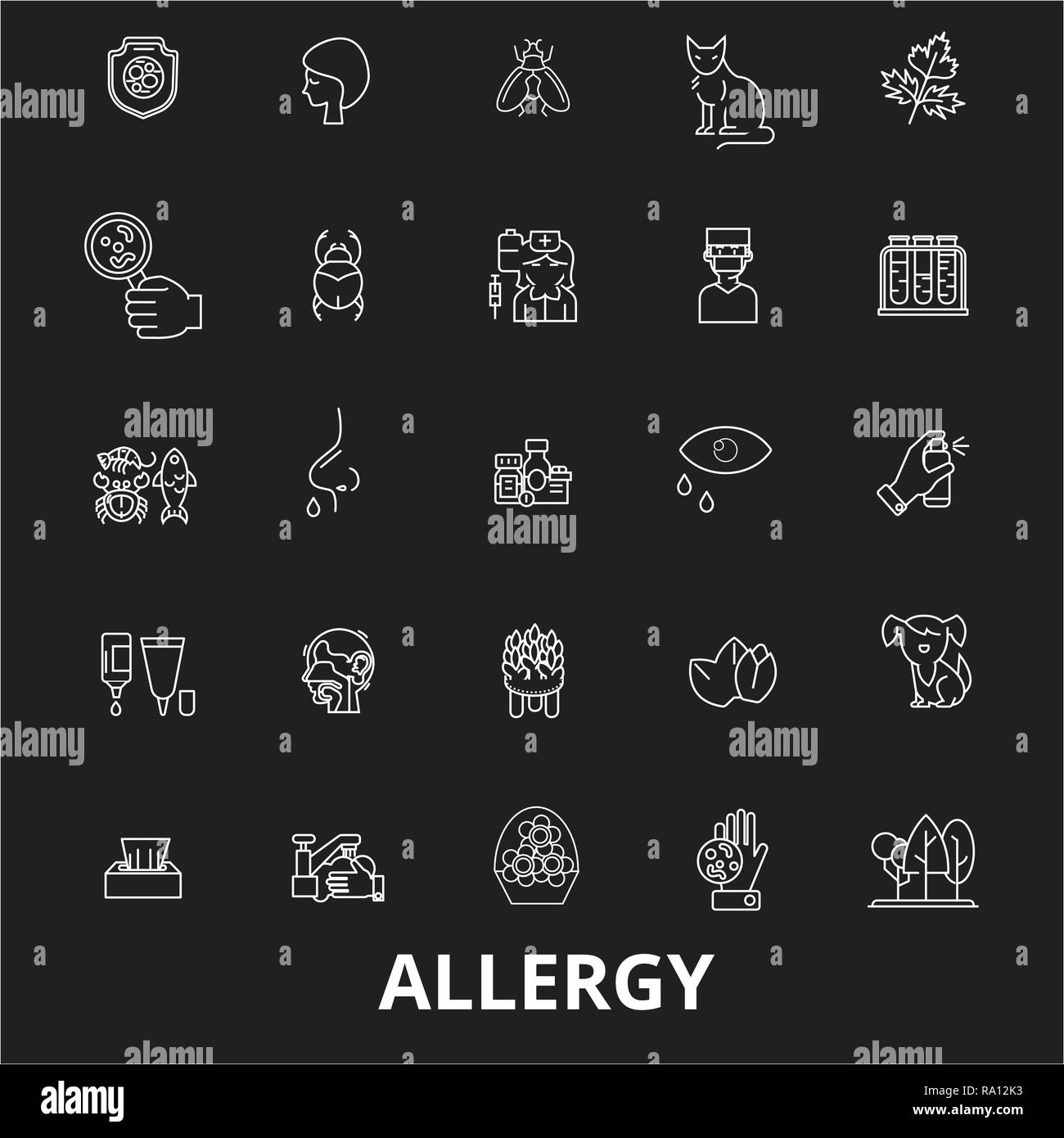 Allergie bearbeitbare Zeile Symbole Vektor auf schwarzen Hintergrund. Allergie weißer Umriss Abbildungen, Zeichen, Symbole Stock Vektor