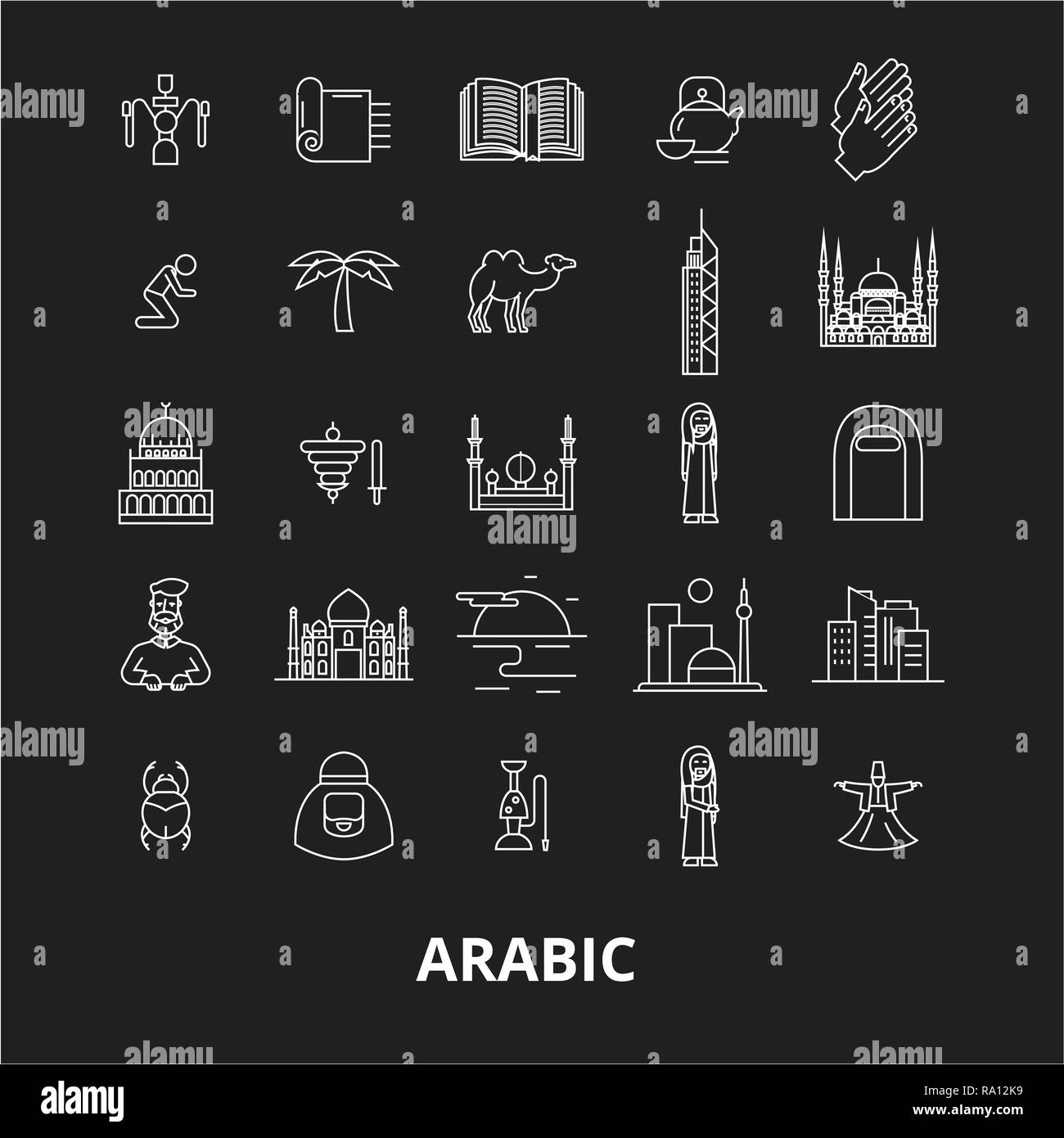 Arabisch bearbeitbare Zeile Symbole Vektor auf schwarzen Hintergrund. Arabisch weißer Umriss Abbildungen, Zeichen, Symbole Stock Vektor