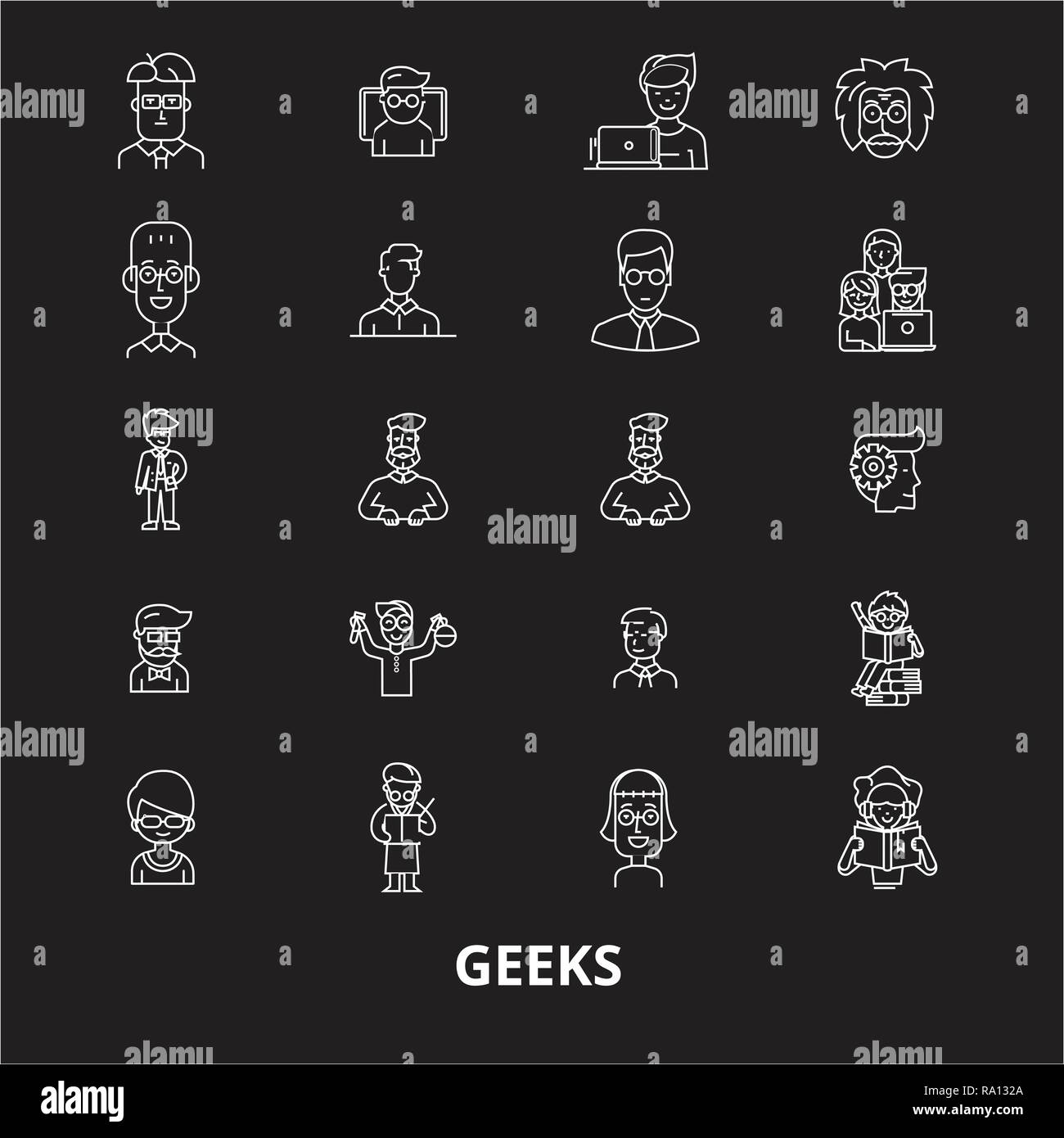 Geeks bearbeitbare Zeile Symbole Vektor auf schwarzen Hintergrund. Geeks weißer Umriss Abbildungen, Zeichen, Symbole Stock Vektor