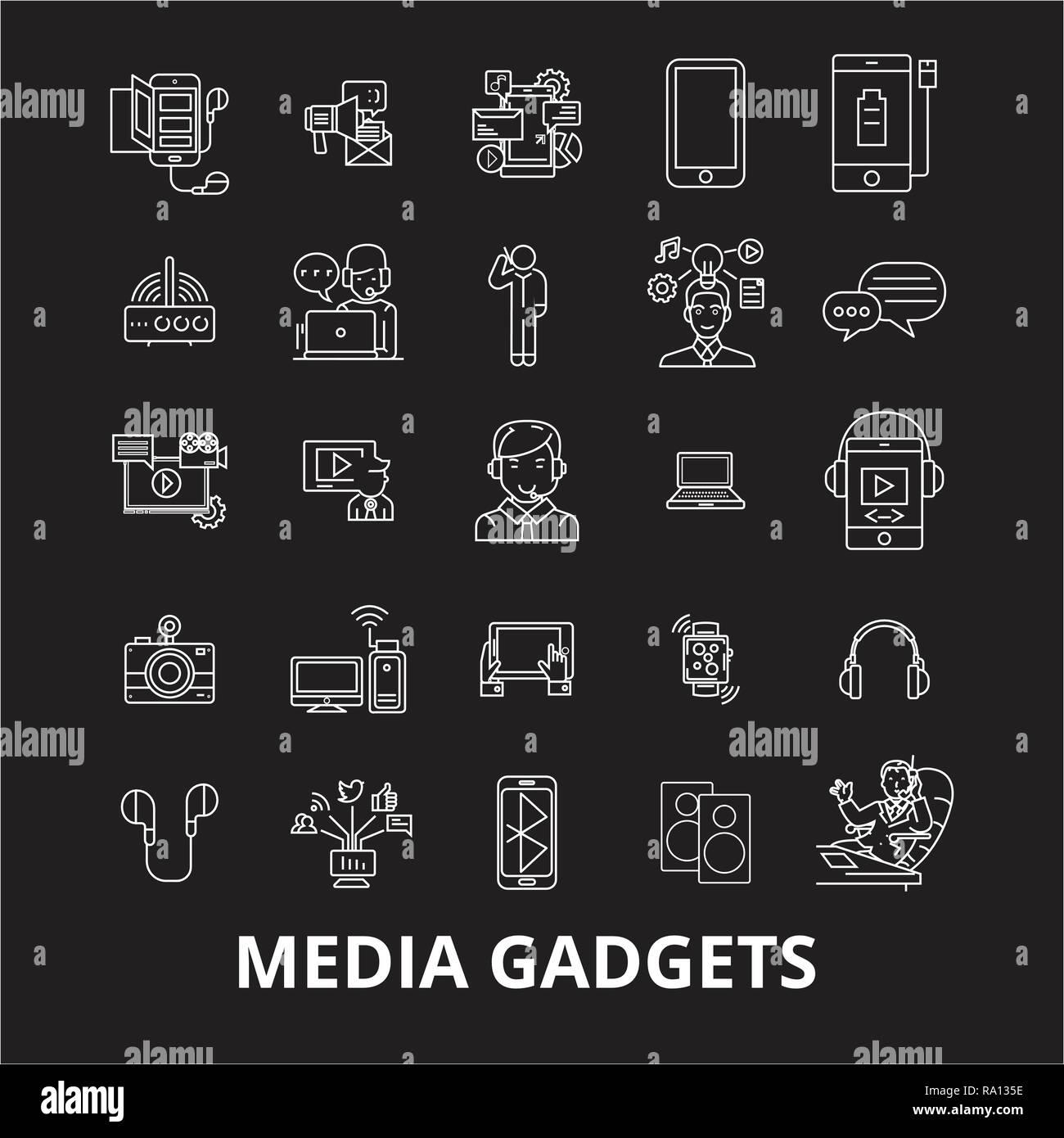 Media Gadgets 2 bearbeitbare Zeile Symbole Vektor auf schwarzen Hintergrund. Media Gadgets 2 weißer Umriss Abbildungen, Zeichen, Symbole Stock Vektor