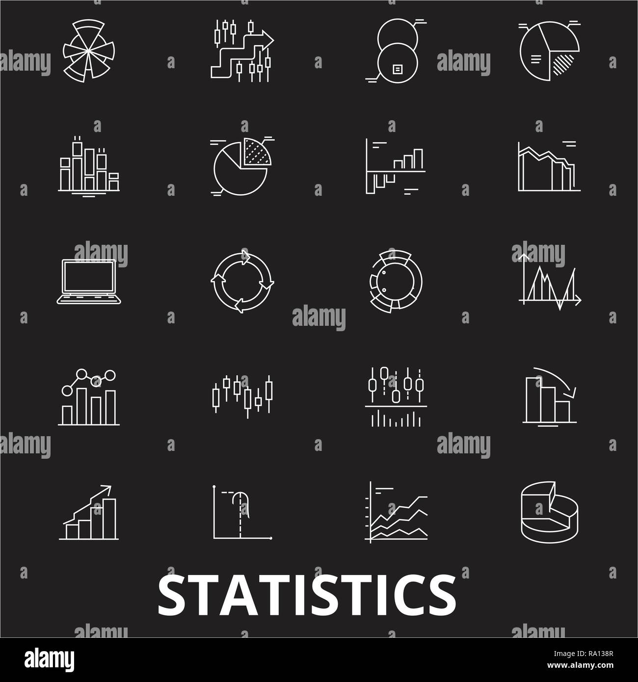 Statistiken bearbeitbare Zeile Symbole Vektor auf schwarzen Hintergrund. Statistiken weißer Umriss Abbildungen, Zeichen, Symbole Stock Vektor
