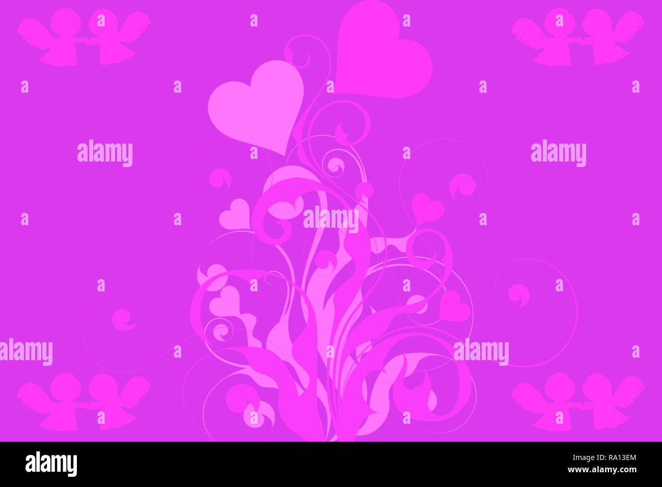 Rosa und Lila Valentines Tag Hintergrund, eine Anlage mit Herzen und Engel halten sich an den Händen Stockfoto