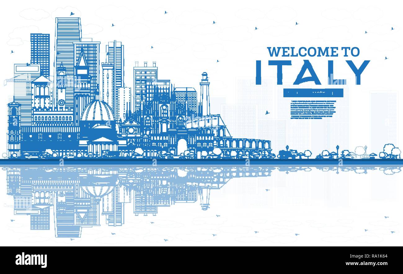 Überblick Willkommen in Italien die Skyline der Stadt mit blauen Gebäude und Reflexionen. Berühmte Sehenswürdigkeiten in Italien. Vector Illustration. Reise und Tourismus Konzept Stock Vektor